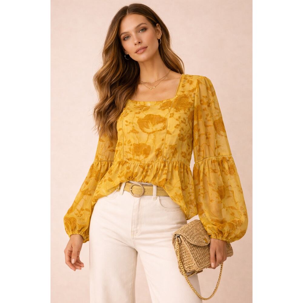 Anthropology Meadow Rue Sheer Velvet Boho Blouse Sz 8 Gold Floral Peasant